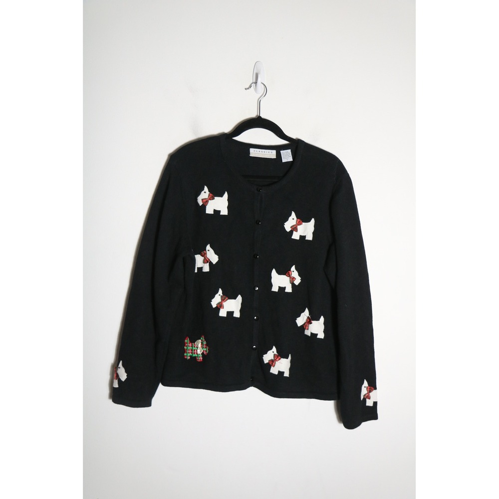 Vintage 90s Classics Scottie Dog Novelty Cardigan Large Black Christmas Preppy